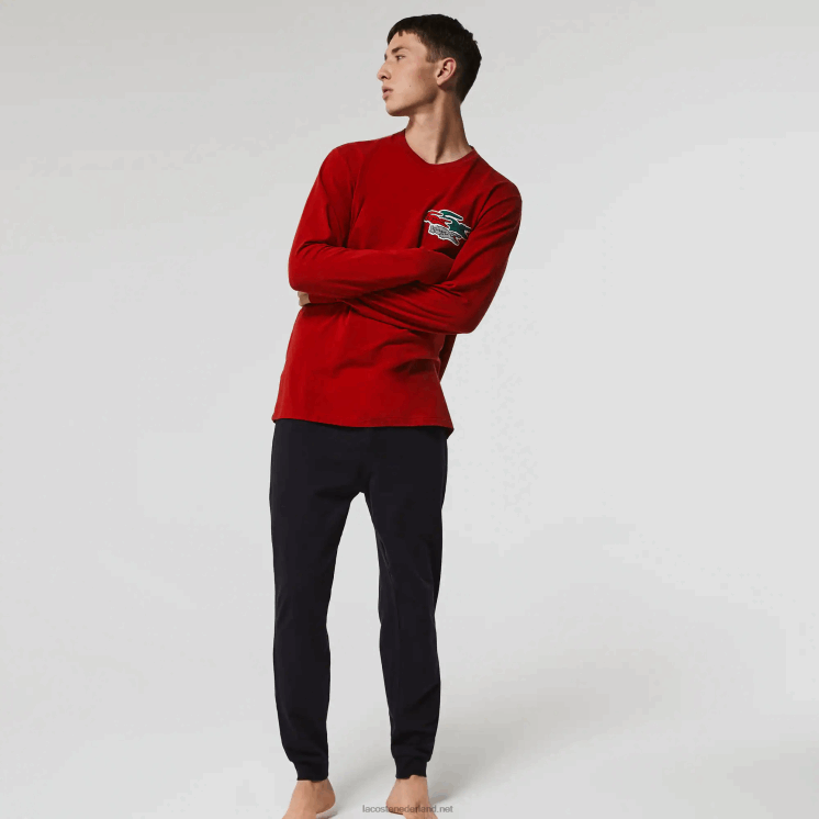 Lacoste pyjama set van lang stretchkatoen 0828H1639 rood marineblauw rx1 Heren