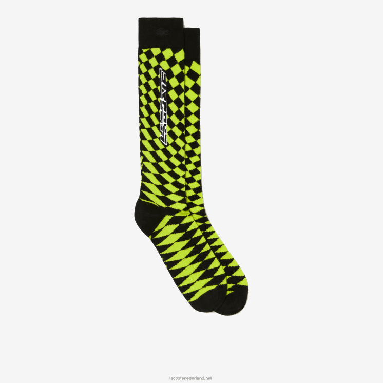Lacoste checkerboard compressiesokken 0828H526 zwart geel 9y2 Heren