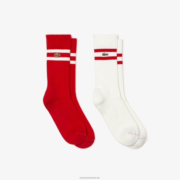 Lacoste contrast gestreepte geribbelde gebreide sokken 0828H514 rood wit gr Heren