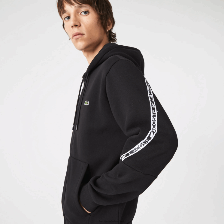Lacoste Sweatshirt met capuchon en rits met bedrukte banden 0828H1240 zwart 031 Heren