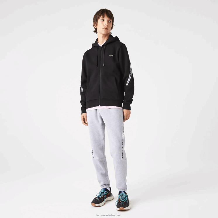 Lacoste Sweatshirt met capuchon en rits met bedrukte banden 0828H1240 zwart 031 Heren