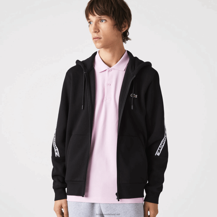 Lacoste Sweatshirt met capuchon en rits met bedrukte banden 0828H1240 zwart 031 Heren