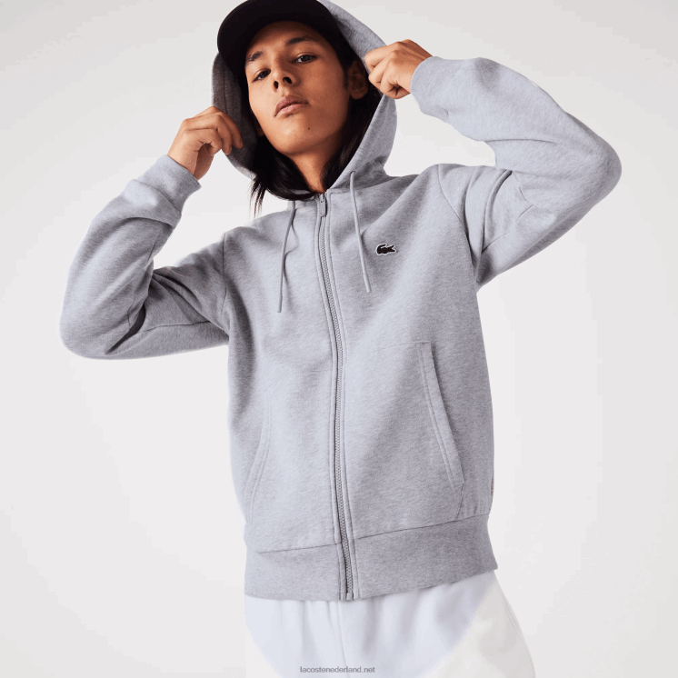 Lacoste Sweatshirt met kangoeroezak en rits van fleece 0828H1039 grijze chine ca Heren
