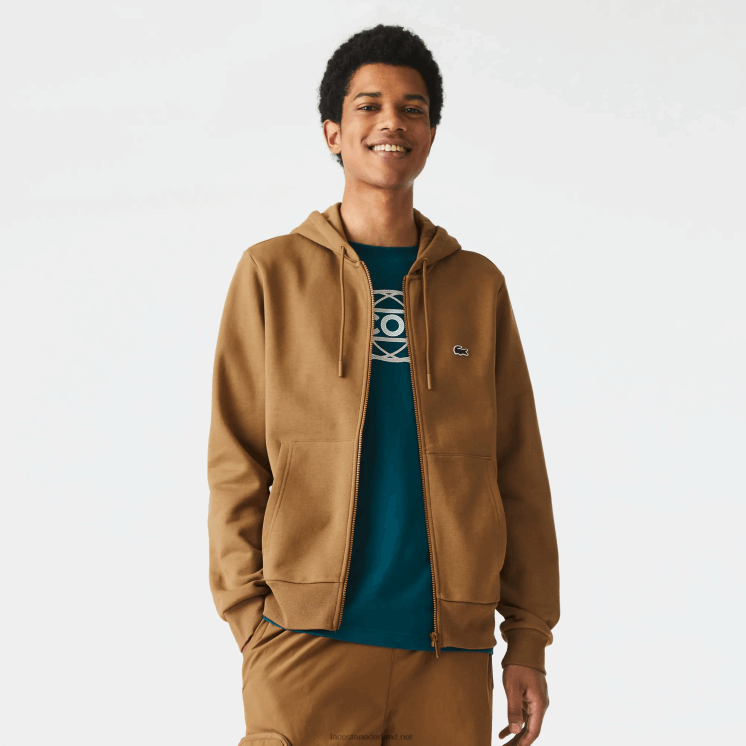 Lacoste Sweatshirt met kangoeroezak en rits van fleece 0828H1176 bruin z0w Heren
