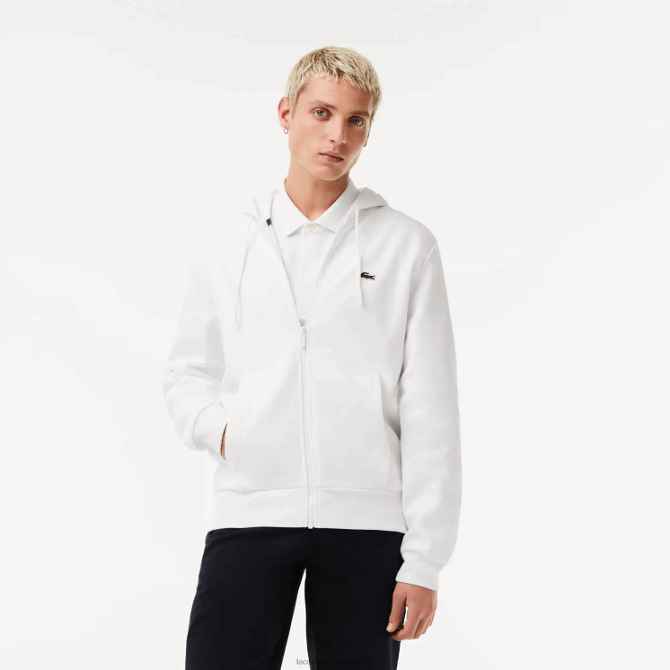 Lacoste Sweatshirt met kangoeroezak en rits van fleece 0828H295 wit 001 Heren