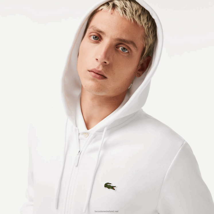 Lacoste Sweatshirt met kangoeroezak en rits van fleece 0828H295 wit 001 Heren