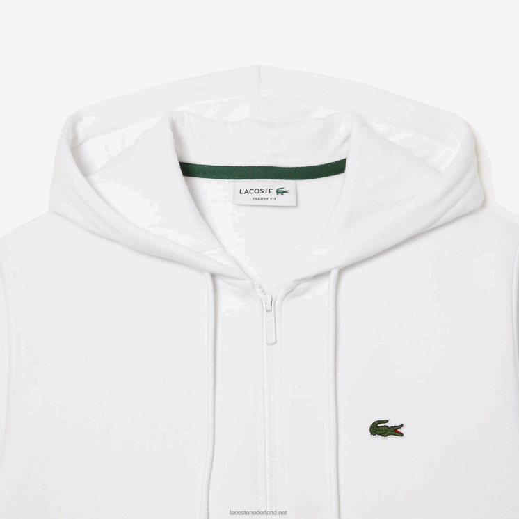 Lacoste Sweatshirt met kangoeroezak en rits van fleece 0828H295 wit 001 Heren