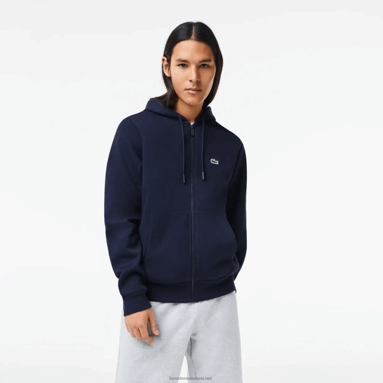 Lacoste Sweatshirt met kangoeroezak en rits van fleece 0828H297 marineblauw 166 Heren