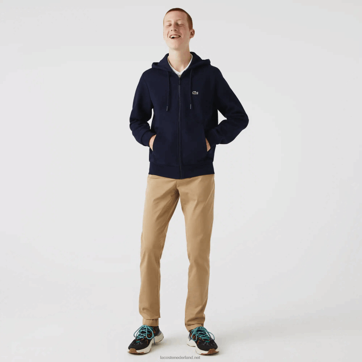 Lacoste Sweatshirt met kangoeroezak en rits van fleece 0828H297 marineblauw 166 Heren