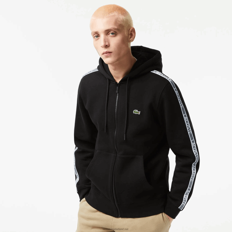 Lacoste hoodie met ritssluiting en merkstrepen in klassieke pasvorm 0828H13 zwart 031 Heren