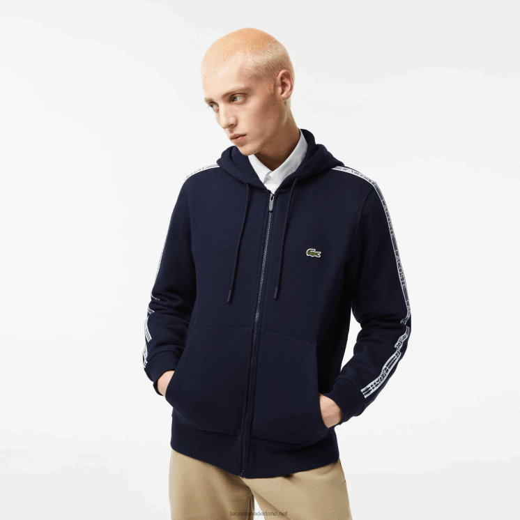 Lacoste hoodie met ritssluiting en merkstrepen in klassieke pasvorm 0828H14 marineblauw 166 Heren