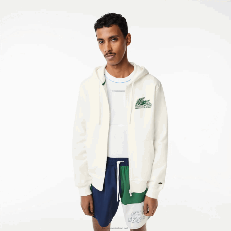 Lacoste hoodie van ongeborsteld fleece met rits 0828H319 wit 70v Heren
