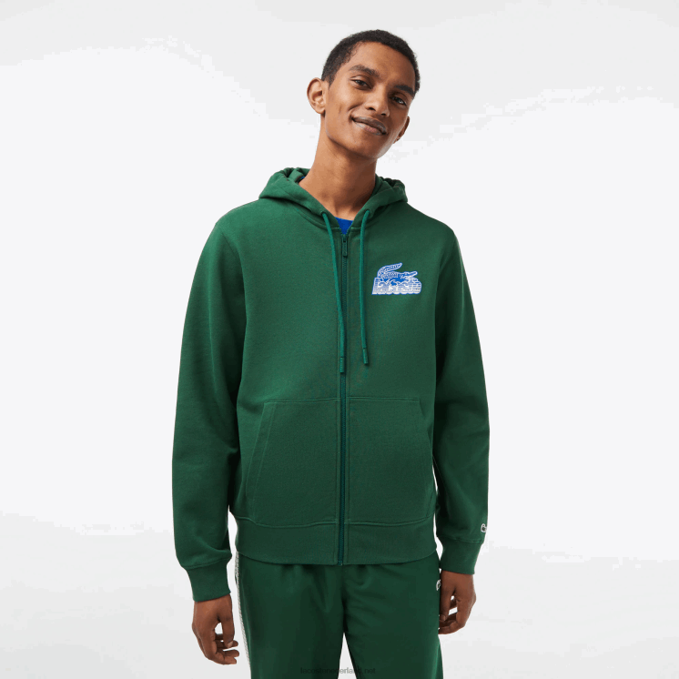 Lacoste hoodie van ongeborsteld fleece met rits 0828H321 groen 132 Heren