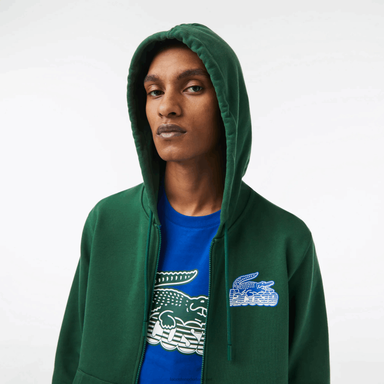 Lacoste hoodie van ongeborsteld fleece met rits 0828H321 groen 132 Heren
