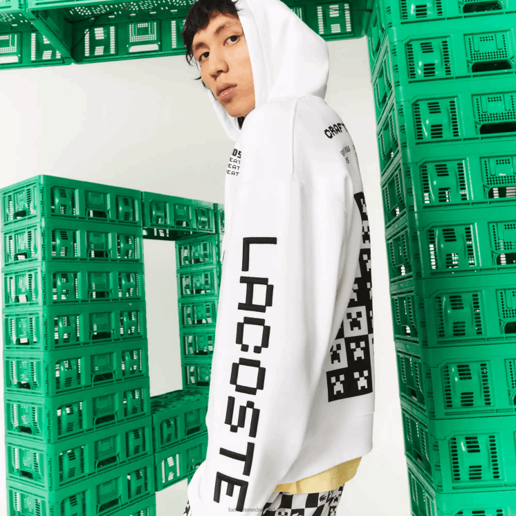 Lacoste live x minecraft losvallende fleece hoodie 0828H1165 wit 001 Heren