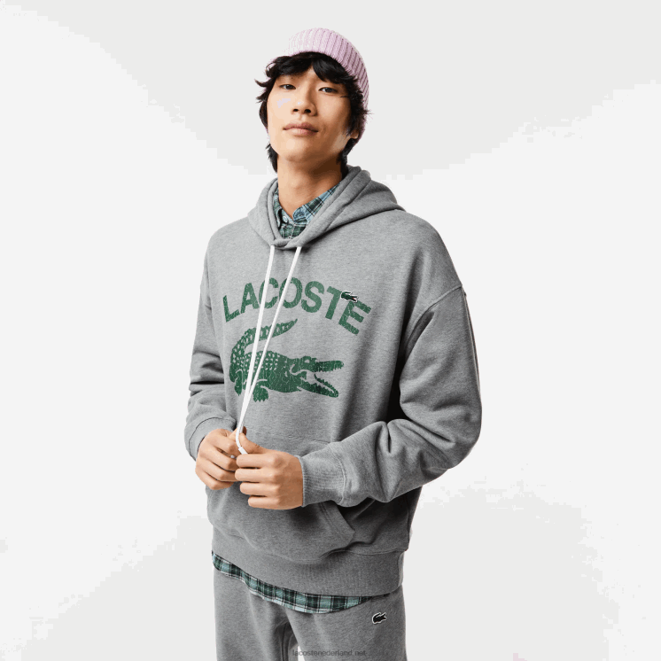 Lacoste losvallend sweatshirt met krokodillencapuchon 0828H969 grijze knik erf Heren
