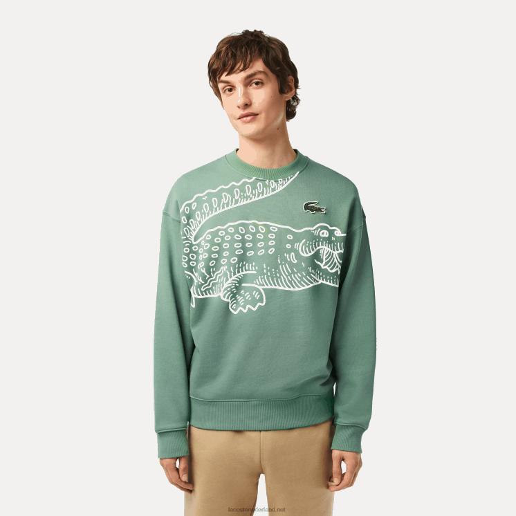 Lacoste losvallend sweatshirt met ronde hals en krokodillenprint 0828H361 kaki groen kx5 Heren