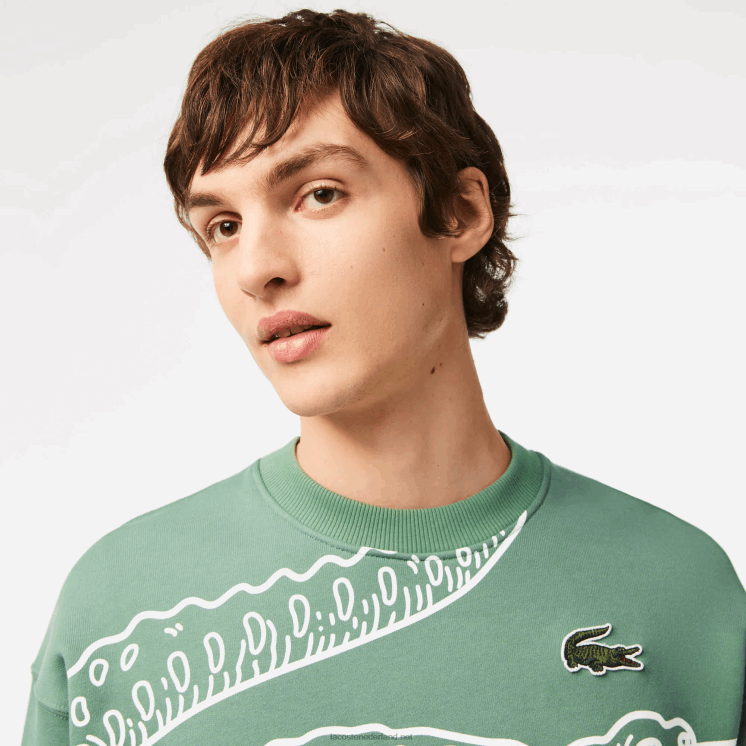 Lacoste losvallend sweatshirt met ronde hals en krokodillenprint 0828H361 kaki groen kx5 Heren