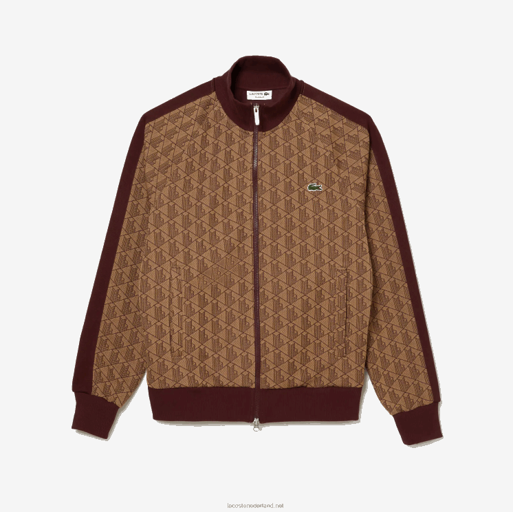 Lacoste regular fit sweatshirt met monogramprint en rits 0828H275 beige bordeaux mkj Heren