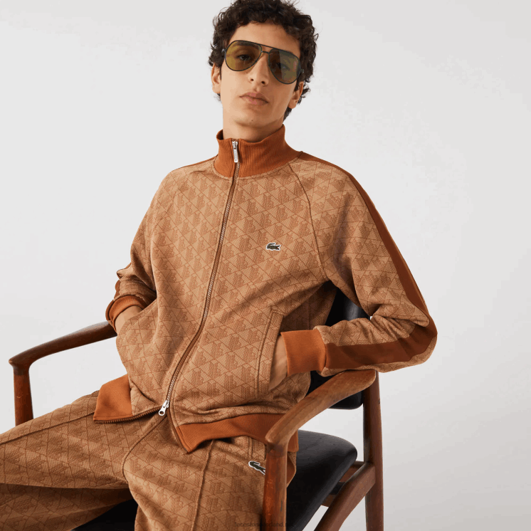 Lacoste regular fit sweatshirt met monogramprint en rits 0828H277 beige bruin zm Heren