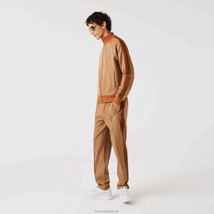 Lacoste regular fit sweatshirt met monogramprint en rits 0828H277 beige bruin zm Heren