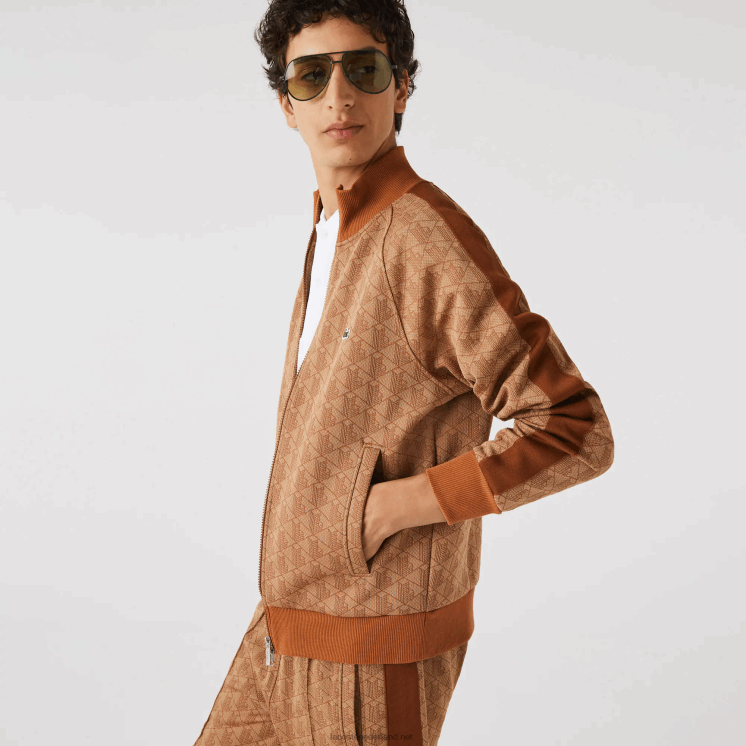 Lacoste regular fit sweatshirt met monogramprint en rits 0828H277 beige bruin zm Heren