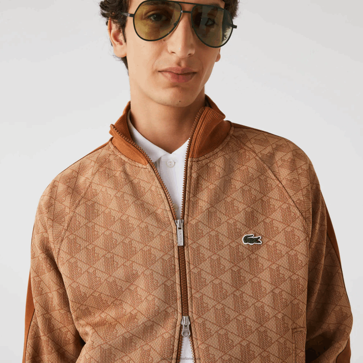 Lacoste regular fit sweatshirt met monogramprint en rits 0828H277 beige bruin zm Heren
