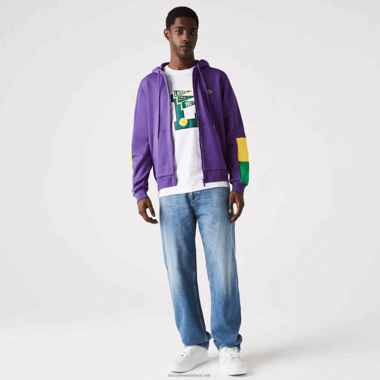 Lacoste sweatshirt met capuchon en colorblock fleece met rits 0828H1198 paars geel groen 1cv Heren