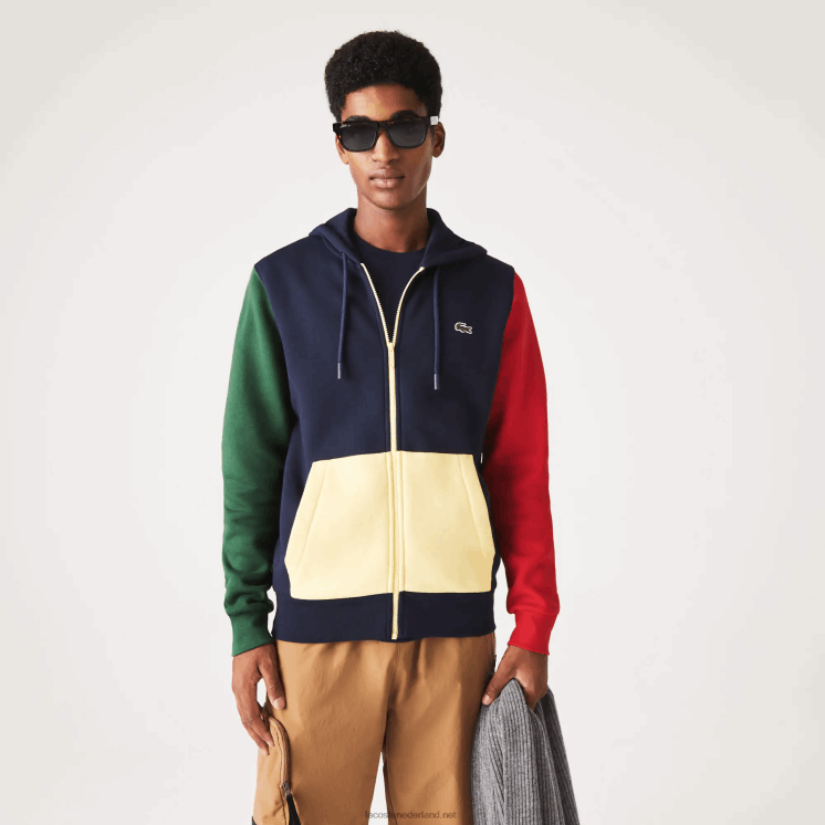Lacoste sweatshirt met capuchon en ritssluiting met klassieke pasvorm en kleurvlakken 0828H1080 marineblauw groen rood geel my2 Heren
