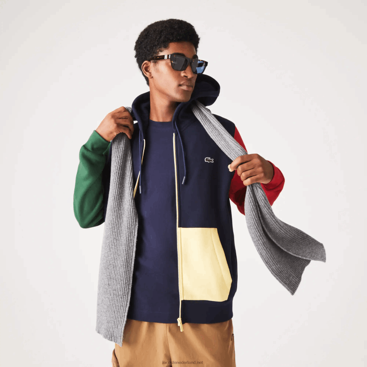 Lacoste sweatshirt met capuchon en ritssluiting met klassieke pasvorm en kleurvlakken 0828H1080 marineblauw groen rood geel my2 Heren