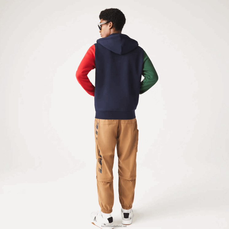 Lacoste sweatshirt met capuchon en ritssluiting met klassieke pasvorm en kleurvlakken 0828H1080 marineblauw groen rood geel my2 Heren
