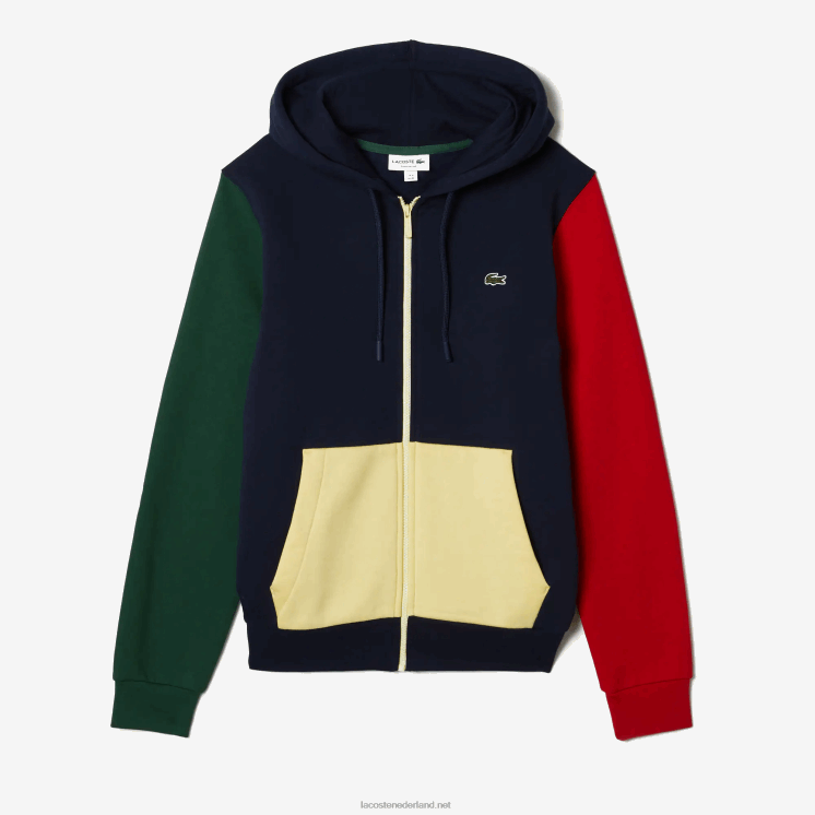Lacoste sweatshirt met capuchon en ritssluiting met klassieke pasvorm en kleurvlakken 0828H1080 marineblauw groen rood geel my2 Heren
