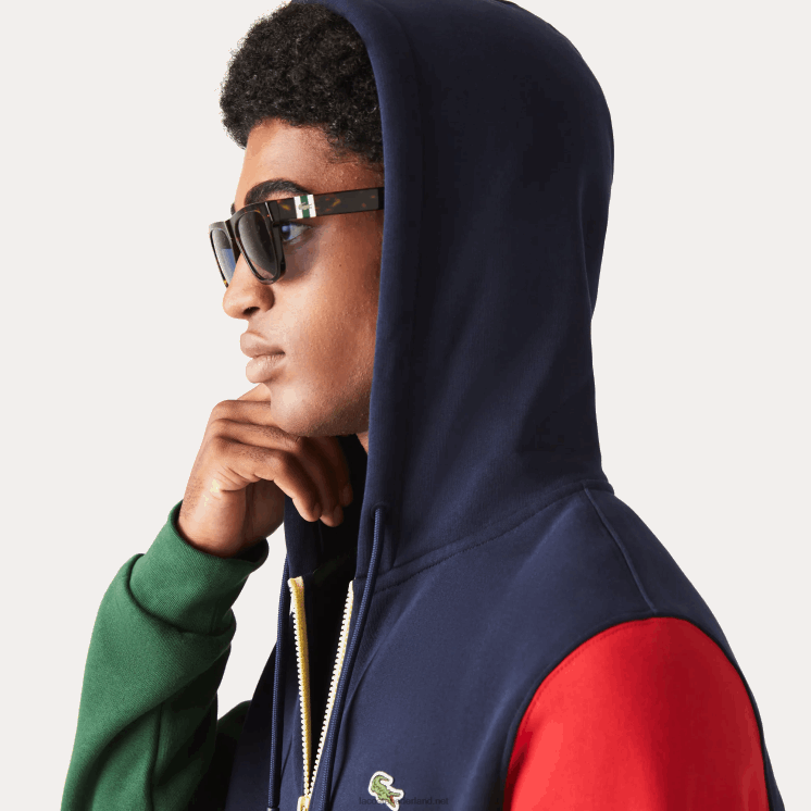 Lacoste sweatshirt met capuchon en ritssluiting met klassieke pasvorm en kleurvlakken 0828H1080 marineblauw groen rood geel my2 Heren