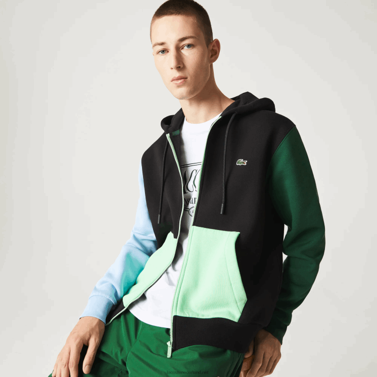 Lacoste sweatshirt met capuchon en ritssluiting met klassieke pasvorm en kleurvlakken 0828H1081 zwart blauw groen ueh Heren