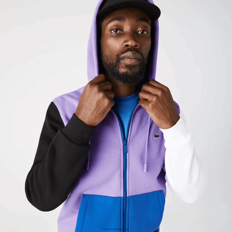 Lacoste sweatshirt met capuchon en ritssluiting met klassieke pasvorm en kleurvlakken 0828H1082 paars zwart wit blauw 896 Heren