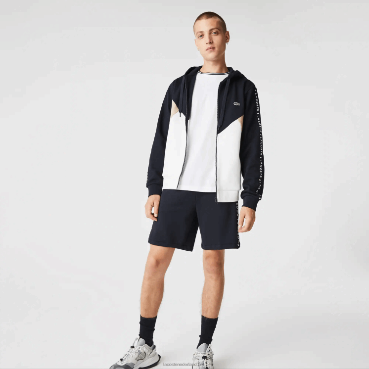 Lacoste sweatshirt met capuchon van fleece met colorblock-letters en rits 0828H997 marineblauw wit beige e8t Heren