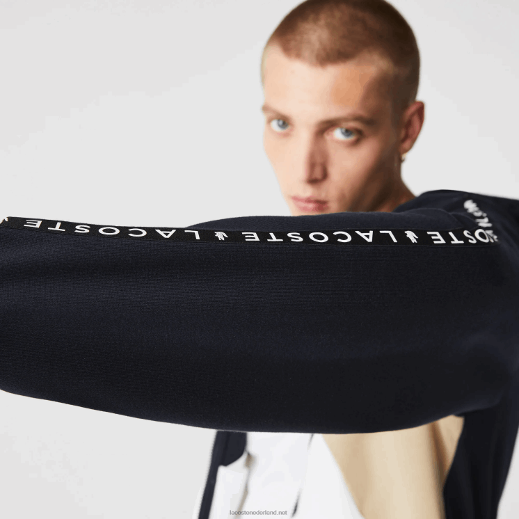Lacoste sweatshirt met capuchon van fleece met colorblock-letters en rits 0828H997 marineblauw wit beige e8t Heren