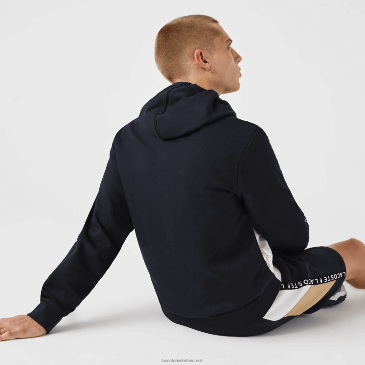 Lacoste sweatshirt met capuchon van fleece met colorblock-letters en rits 0828H997 marineblauw wit beige e8t Heren