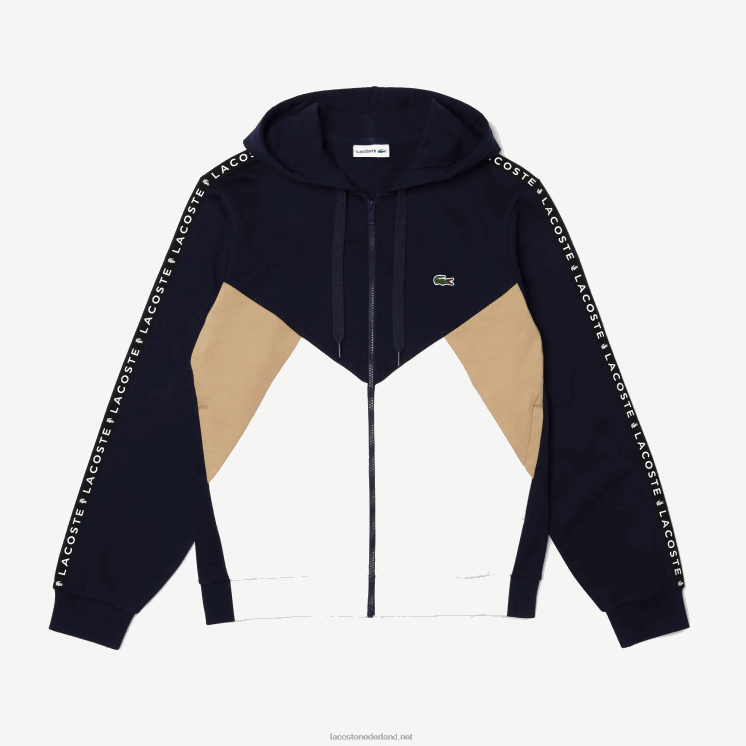Lacoste sweatshirt met capuchon van fleece met colorblock-letters en rits 0828H997 marineblauw wit beige e8t Heren