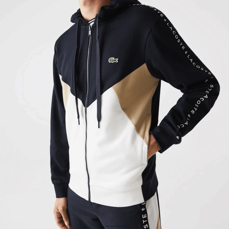 Lacoste sweatshirt met capuchon van fleece met colorblock-letters en rits 0828H997 marineblauw wit beige e8t Heren