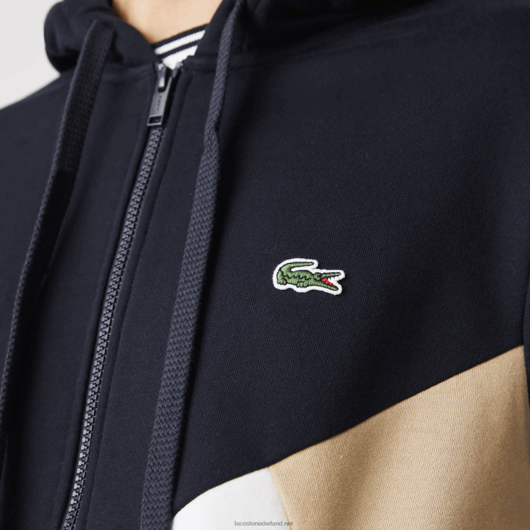 Lacoste sweatshirt met capuchon van fleece met colorblock-letters en rits 0828H997 marineblauw wit beige e8t Heren