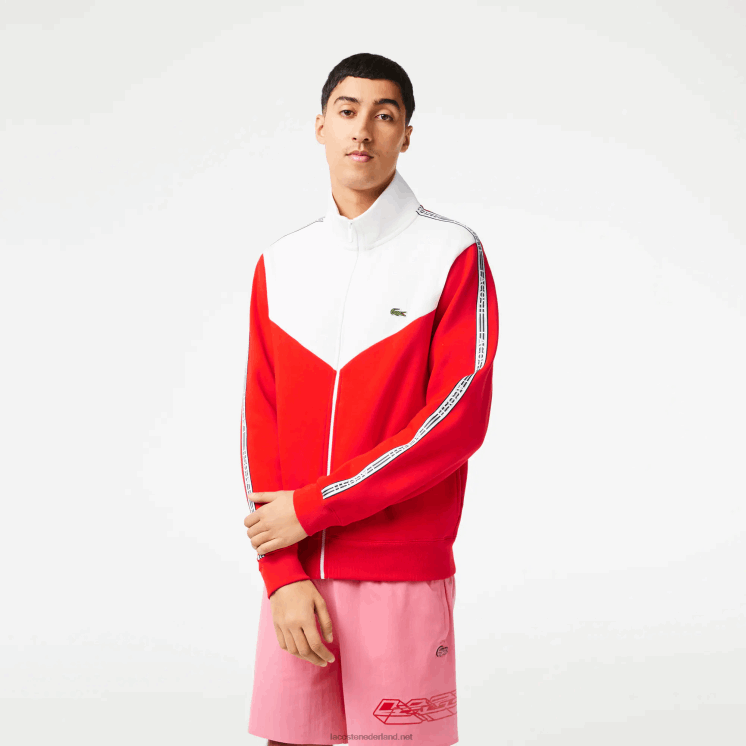 Lacoste sweatshirt met rits in klassieke pasvorm met kleurvlakken 0828H19 rood wit jaren 75 Heren
