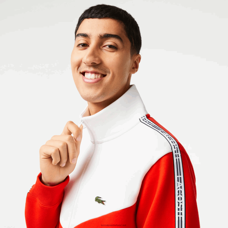 Lacoste sweatshirt met rits in klassieke pasvorm met kleurvlakken 0828H19 rood wit jaren 75 Heren