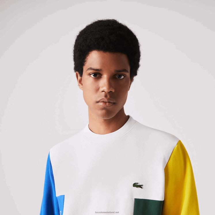 Lacoste sweatshirt van katoenfleece met ronde hals en colorblock 0828H1159 wit blauw geel groen 8nr Heren