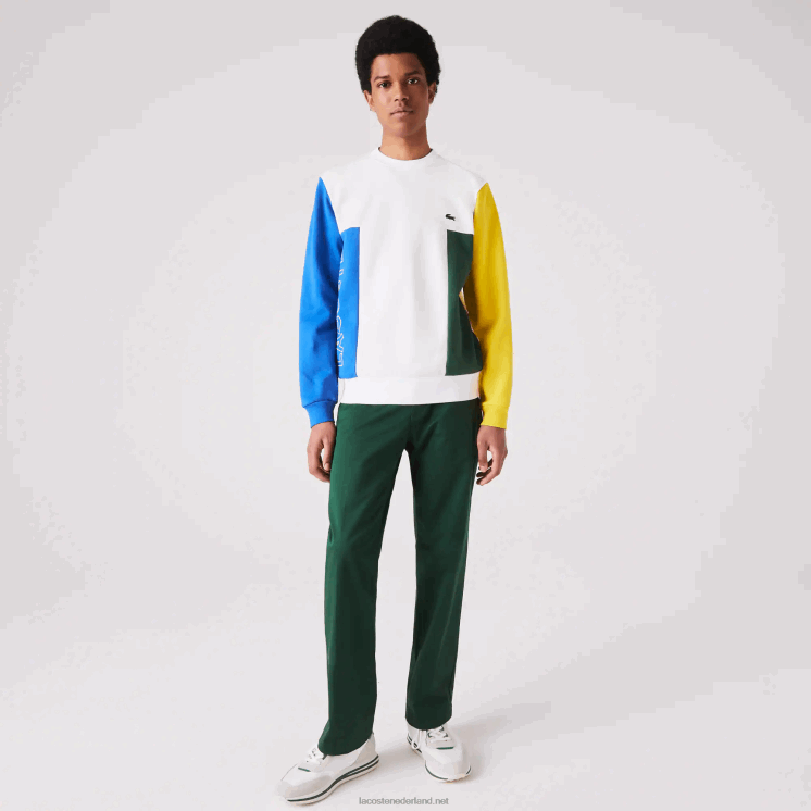 Lacoste sweatshirt van katoenfleece met ronde hals en colorblock 0828H1159 wit blauw geel groen 8nr Heren