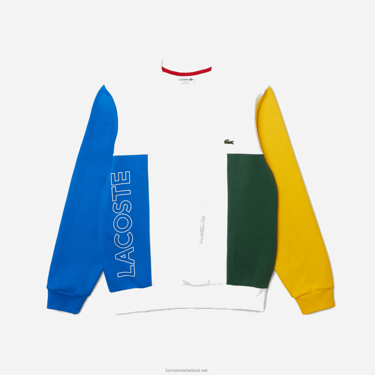 Lacoste sweatshirt van katoenfleece met ronde hals en colorblock 0828H1159 wit blauw geel groen 8nr Heren