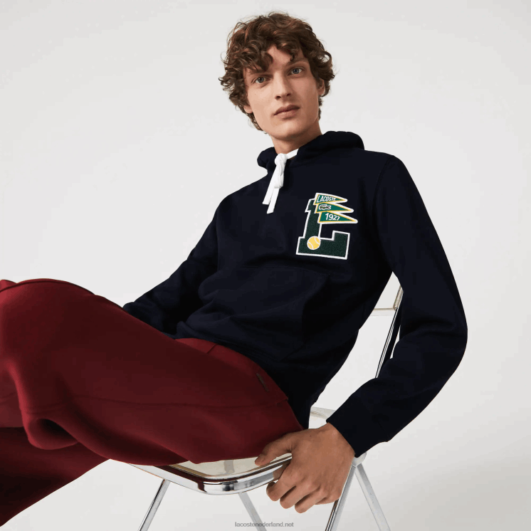 Lacoste wimpels l badge hooded katoenen fleece sweatshirt 0828H1100 marineblauw 166 Heren