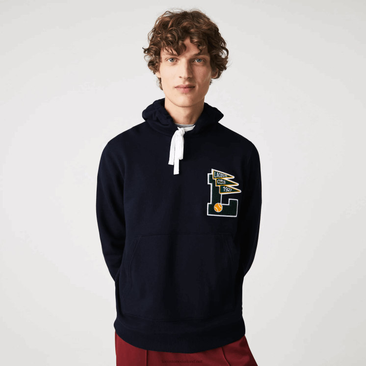 Lacoste wimpels l badge hooded katoenen fleece sweatshirt 0828H1100 marineblauw 166 Heren