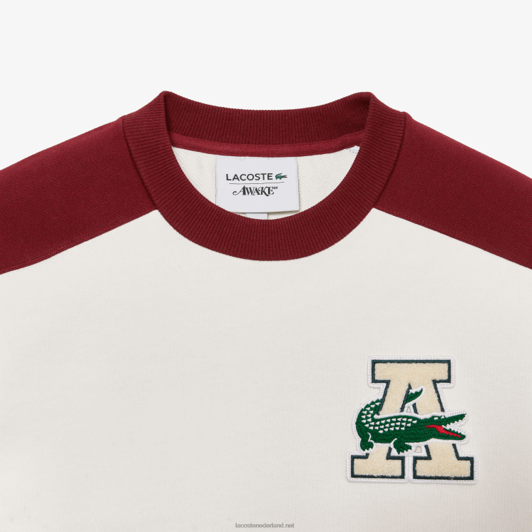 lacoste x wake ny badge katoenen sweatshirt met kleurvlakken 0828H1183 wit bordeaux nfb Heren