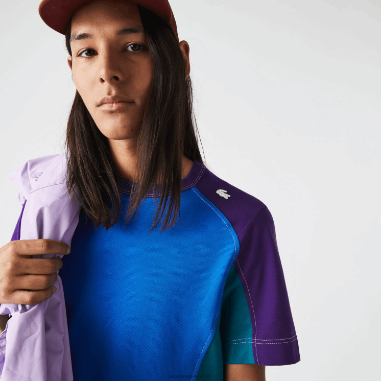 Lacoste Heritage regular fit stretch piqué T-shirt met kleurvlakken 0828H819 blauw groen paars 7w6 Heren